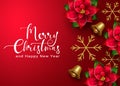 Merry christmas vector background design. Merry christmas typography text with poinsettia and snowflakes xmas element in red. Royalty Free Stock Photo