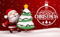 Merry christmas vector banner background. Merry christmas typography text with santa claus character decorating xmas tree.