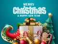 Merry christmas vector banner design. Merry christmas greeting text with colorful xmas elements