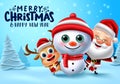 Merry christmas vector banner design. Merry christmas text with xmas characters like snowman, santa claus and reindeer in snow. Royalty Free Stock Photo