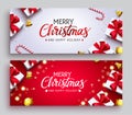 Merry christmas vector banner set. Merry Christmas greeting text with gifts, candy canes, bells and balls elements for xmas season Royalty Free Stock Photo