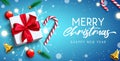 Merry christmas vector banner set. Merry Christmas greeting text with gifts, candy canes, bells and balls elements for xmas season Royalty Free Stock Photo