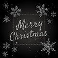 Merry Christmas vector banner with silver glittering text, snowflakes, lights, sparkles. Royalty Free Stock Photo