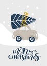 Merry Christmas vector calligraphic lettering text scandinavian hand drawn illustration car is carrying the tree Royalty Free Stock Photo