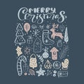 Merry Christmas vector calligraphic lettering text and xmas doodle scandinavian elements on dark background. Greeting Royalty Free Stock Photo