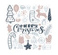 Merry Christmas vector calligraphic lettering text and xmas doodle scandinavian elements. Greeting card for winter Royalty Free Stock Photo