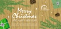 Merry christmas vector card, banner with pine, branch and gift on brown wood dest Royalty Free Stock Photo