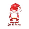 Merry Christmas vector card with cute hand drawn gnome and lettering Let it Snow isolated on white background. Illustration for Royalty Free Stock Photo