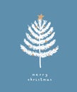 Merry Christmas Vector Card with Pine Tree on a Blue Background.