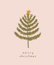 Merry Christmas Vector Card with Pine Tree on a Pink Background.