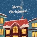 Merry Christmas vector card in subdued retro colors. Winter town in christmas lights and snowfall. Royalty Free Stock Photo