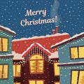 Merry Christmas vector card in subdued retro colors. Winter town and snowfall.