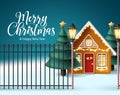 Merry christmas vector design. Christmas elements in house outdoor design with snow winter