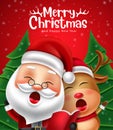 Merry christmas vector design. Merry christmas greeting text with santa claus and reindeer characters singing xmas song.