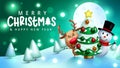 Merry christmas vector design. Merry christmas greeting text in snowy night background with waving snowman and reindeer. Royalty Free Stock Photo