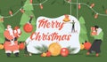 Merry Christmas vector flat banner template. Santa Claus and woman bring gift boxes, elves decorating for Christmas.