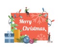 Merry Christmas vector flat card design with cute little elves. Happy New Year and Merry Christmas banner concept. Royalty Free Stock Photo