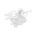 Merry Christmas vector greeting card with flying angel, trumpet, ornaments. Angel coloring page. Christmas line art illustration