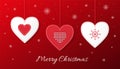 Merry Christmas vector greeting card with patchwork hearts on red background. Embroidered scandinavian christmas tree decorations