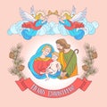 Merry Christmas. Vector greeting card. Virgin Mary, baby Jesus a Royalty Free Stock Photo