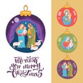 Merry Christmas. Vector greeting card. Virgin Mary, baby Jesus a Royalty Free Stock Photo