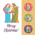 Merry Christmas. Vector greeting card. Virgin Mary, baby Jesus a Royalty Free Stock Photo