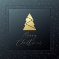 Merry Christmas vector greeting card. Winter tree golden icon with snowflake background. Banner for celebration, congratulation, Royalty Free Stock Photo