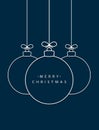 Merry Christmas! Vector hanging abstract line Christmas balls on a string with a bow with shadow on a dark blue background. Royalty Free Stock Photo