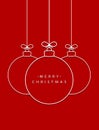 Merry Christmas! Vector hanging abstract line Christmas balls on a string with a bow with shadow on a red background. Royalty Free Stock Photo