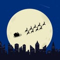 Merry Christmas vector illustration, Santa Claus flying in sleigh with nine reindeers on full moon night over city town Royalty Free Stock Photo