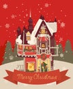 Merry Christmas vector illustration. Snowy town at holiday eve. Royalty Free Stock Photo