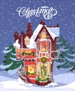 Merry Christmas vector illustration. Snowy town at holiday eve. Royalty Free Stock Photo