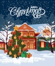 Merry Christmas vector illustration. Snowy town at holiday eve. Royalty Free Stock Photo