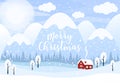 Merry Christmas vector illustration. Winter landscape background with snowy sky, mountains, forest, trees and country house Royalty Free Stock Photo