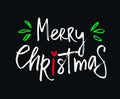 Merry Christmas vector lettering with beautiful colored ornaments black background