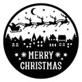 Merry Christmas vector round door sign. Santa Claus flies in a sleigh with reindeer over the city Royalty Free Stock Photo