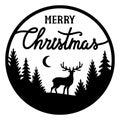 Merry Christmas vector round sign. Deer with christmas treese trees, moon Royalty Free Stock Photo