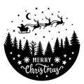 Merry Christmas vector round sign. Santa Claus flies in a sleigh with reindeer over the trees Royalty Free Stock Photo