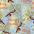 Merry Christmas vector seamless pattern with holly branches tied with ribbons, golden snowflakes and lettering. Holly Jolly Royalty Free Stock Photo