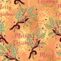 Merry Christmas vector seamless pattern with holly branches tied with ribbons, golden snowflakes and lettering. Holly Jolly Royalty Free Stock Photo