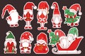 Merry Christmas vector stickers collection with cute red hand drawn gnomes, Christmas trees and decorations isolated on dark Royalty Free Stock Photo