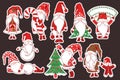 Merry Christmas vector stickers collection with cute red hand drawn gnomes, Christmas trees and decorations isolated on dark Royalty Free Stock Photo