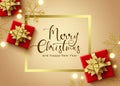 Merry christmas vector template design. Merry christmas typography text in gold empty space with gifts and snowflakes xmas element Royalty Free Stock Photo