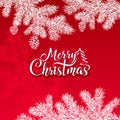 Merry Christmas vector text on a red background with a white silhouette of tree branches and cones. Royalty Free Stock Photo