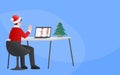 Merry Christmas video conference meeting online illustration flat design concept. People group on computer screen taking with
