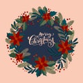 Merry Christmas vintage artistic calligraphic greeting card with a holly berries wreath. Poinsettia, mistletoe, fir tree branches Royalty Free Stock Photo