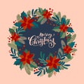 Merry Christmas vintage artistic calligraphic greeting card with a holly berries wreath. Poinsettia, mistletoe, fir tree branches Royalty Free Stock Photo