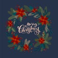 Merry Christmas vintage artistic calligraphic greeting card with a holly berries wreath. Poinsettia, mistletoe, fir tree branches Royalty Free Stock Photo