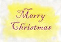 Merry Christmas. Violet lettering on the yellow watercolor background.