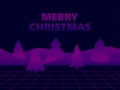 Merry Christmas. Virtual reality with grid and Christmas trees with purple gradient. Synthwave and retrowave style. Design of a